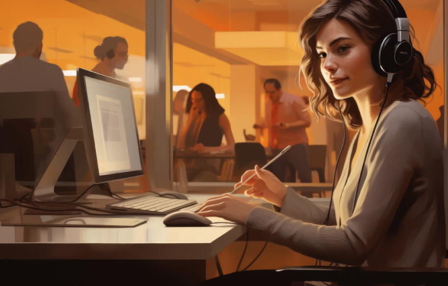 Woman wearing headphones working on digital artwork at a computer in a creative studio Woman wearing headphones working on digital artwork at a computer in a creative studio