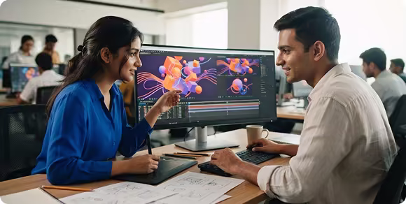 Students learning AI motion graphics and design in a creative classroom