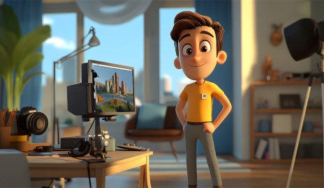 Animated 3D Character With Computer and Camera Equipment