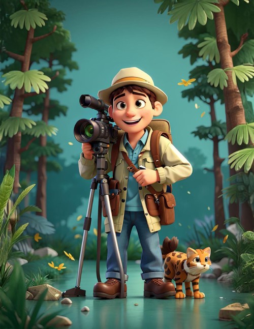 Cartoon adventurer taking wildlife photos in nature Cute cartoon traveler with cat and camera setup