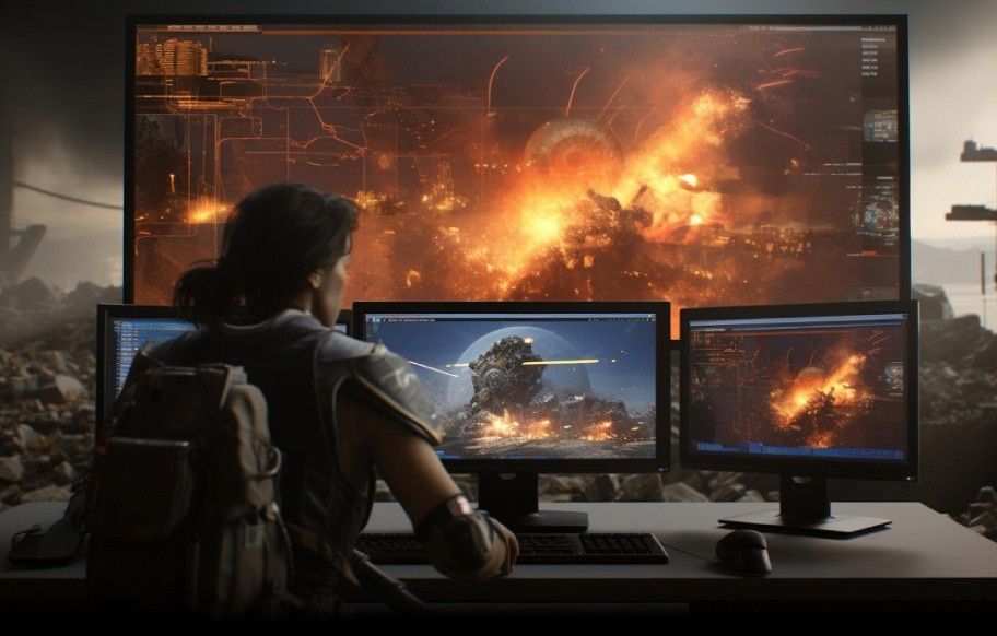 Game Art and Development Training | Arena Multimedia Designer creating a cinematic game scene with explosions on multiple screen