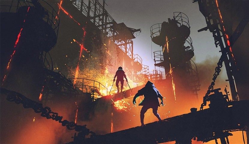 Advanced Game Art and Development Course Cinematic game scene in an industrial setting with fire and characters