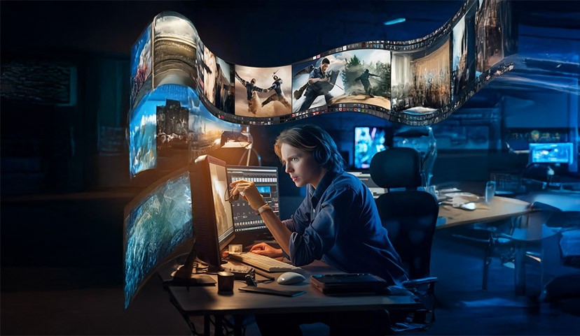 Cinematic VFX Designer Professional editing video in postproduction studio.