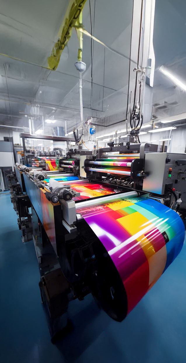 High-speed printing press running vibrant color sheets
