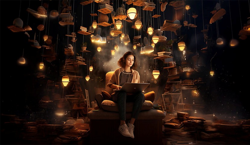 Creative Designer on Laptop Surrounded by Books Woman Using Laptop In Dreamlike Atmosphere With Glowing Lanterns and Books