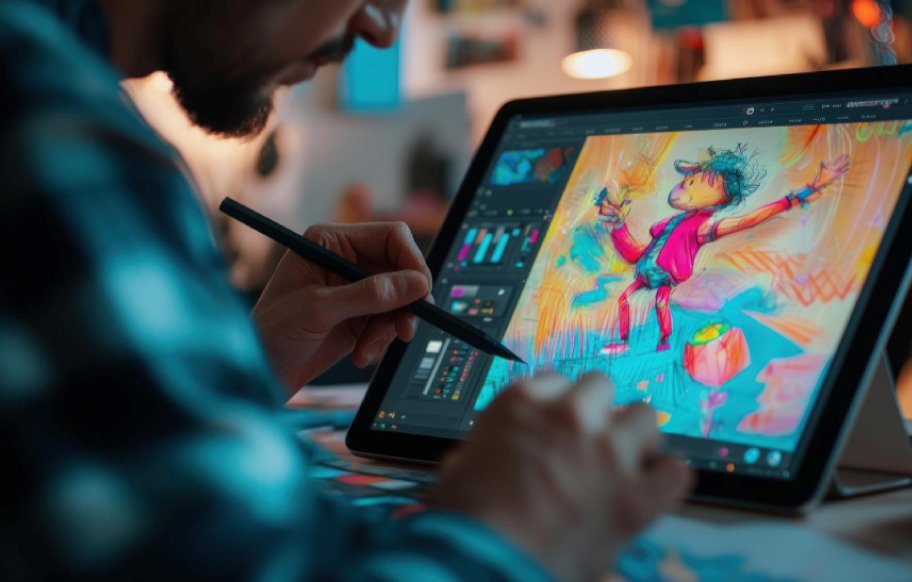 Digital artist creating colorful character illustration on tablet