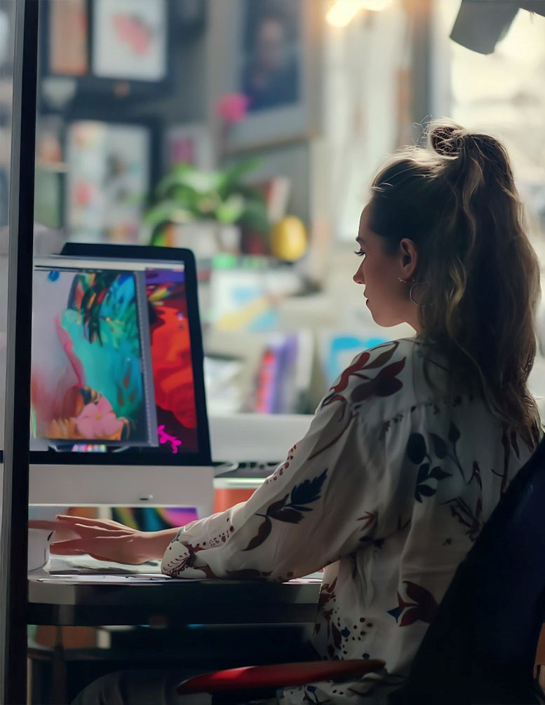 Digital artist creating a colorful illustration on desktop