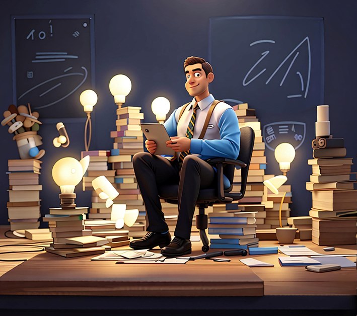 Digital Content Creation Course at Arena Animation 3D character learning digital content creation surrounded by books and creative ideas