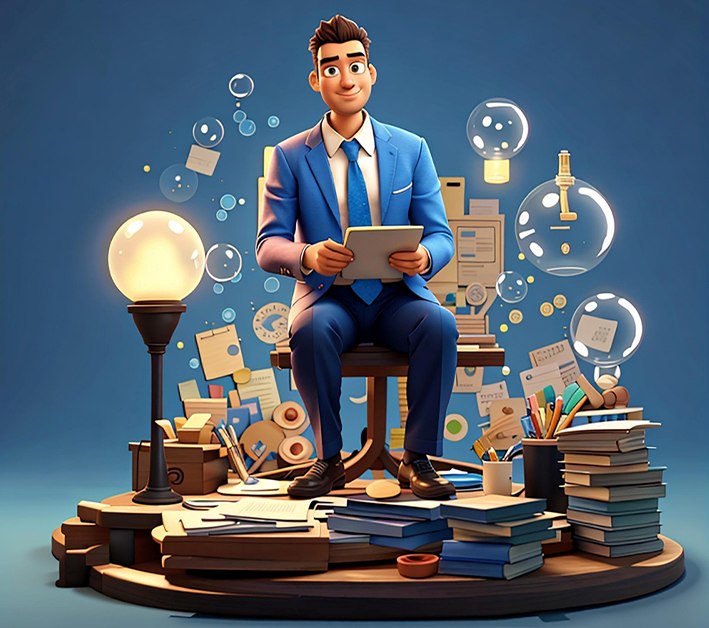 Digital Skills Learning for Career Growth Animated Character reviewing digital work data surrounded by study materials.