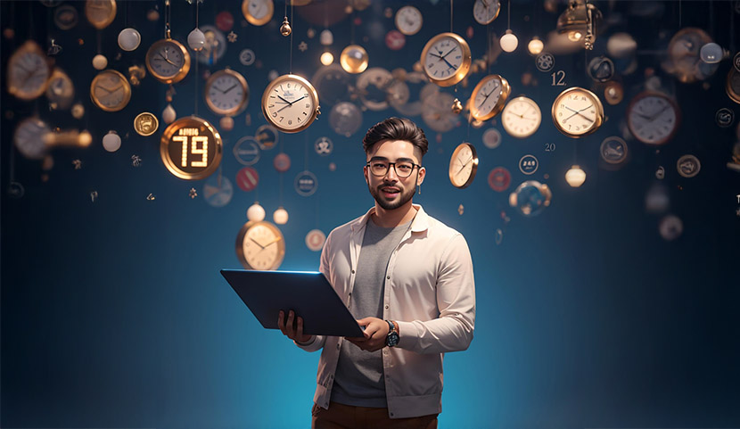 Creative Designer on Laptop Surrounded by watches Man using Laptop In Dreamlike Atmosphere With Glowing Lanterns and Books