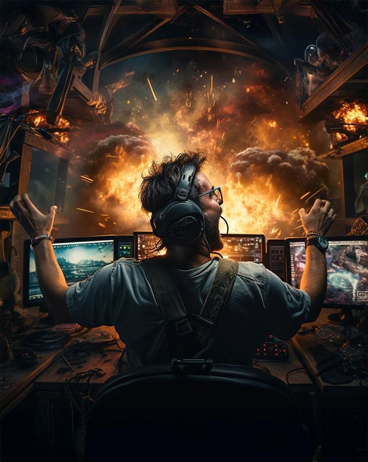 Game Design and Development Careers | Arena Multimedia Game developer creating a cinematic explosion scene on multiple screens