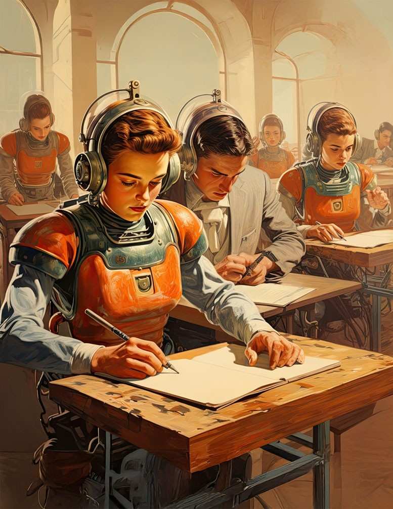 Digital illustration of learners drawing game design concepts in a studio setting