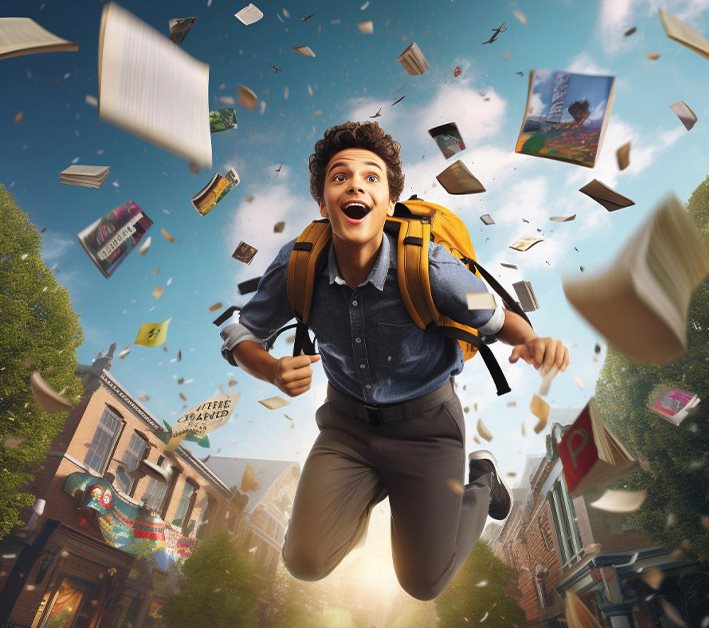 Future ready creative careers | Arena Animation Creative student leaping forward surrounded by flying books and visual ideas