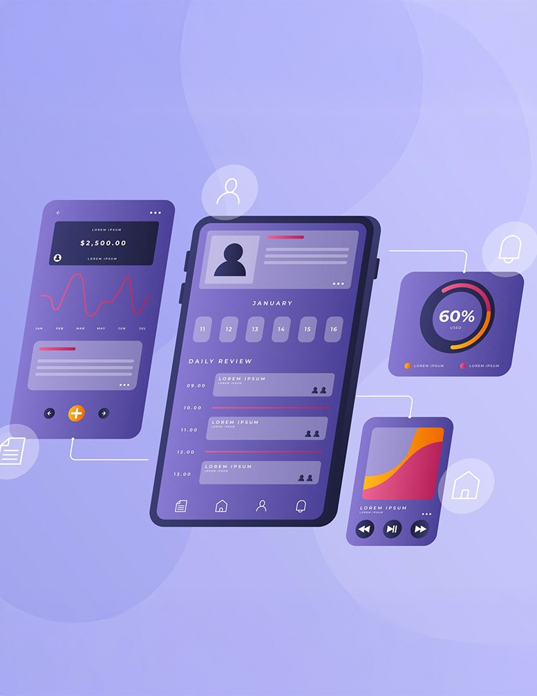 Mobile app UI UX interface screens in purple gradient style