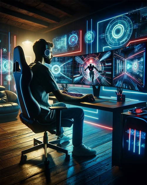 Advance Program in Game Art & Design with Specialization | Arena Multimedia Game developer creating a cinematic explosion scene on multiple screens