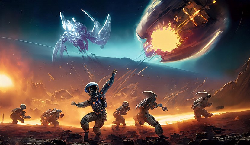 Sci-fi concept art of astronauts fleeing a space battle scene